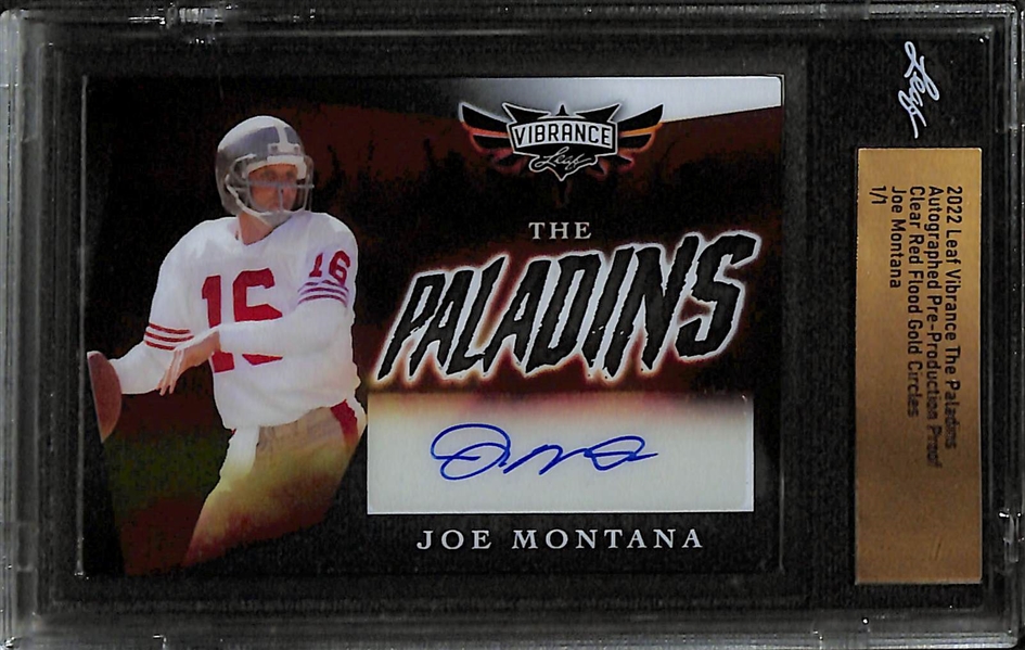 Lot of (4) Leaf Football Pre Production Proof Autograph 1/1s- 2022 Vibrance Joe Montana, 2022 Metal Johnny Manziel, 2022 Valiant Zay Flowers Rookie, 2023 Metal Dameon Pierce  